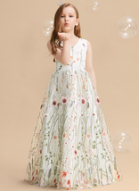 A-line V-Neck Floor-Length Jacquard Flower Girl Dress - £103.11 GBP