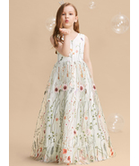 A-line V-Neck Floor-Length Jacquard Flower Girl Dress - £101.60 GBP