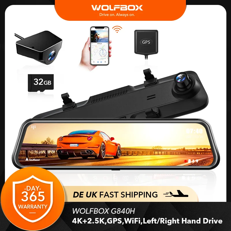 WOLFBOX WiFi Rearview Dash Cam G840H 12inch Front and Rear WiFi Dashcam WDR 2K - £168.74 GBP+