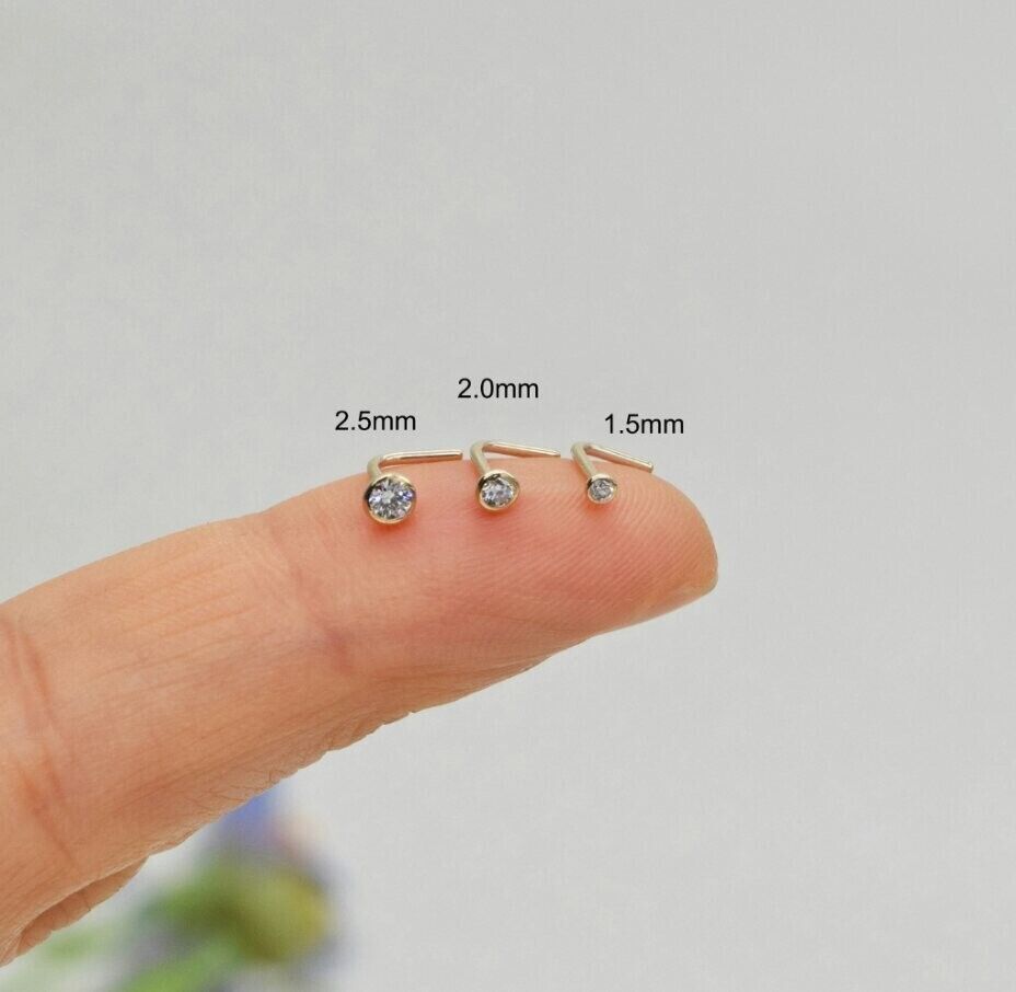 14K Solid Gold Diamond Stud Nose Ring L Shape Piercings For Women - $80.04+