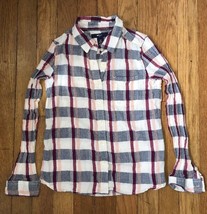 ! Gap Kids gray red plaid striped button down shirt top girls medium 8 - 9 - $10.04