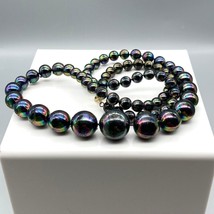 Retro Oil Slick Beads Graduated Necklace, Black Plastic Vitrail with Glossy Face - £24.80 GBP