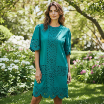 Rebecca Taylor Dress Womens 2 Teal Deco Eyelet Shift Flutter Embroidered... - $142.49