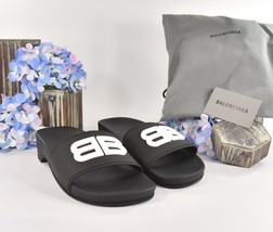 Balenciaga BB Black Rubber Wedge Slide Sandals Size 38 NIB - $370.76