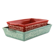 Laurie Gates 2 Piece Tierra Wax Relief Stoneware Baker Set in Red and Mint - $66.44