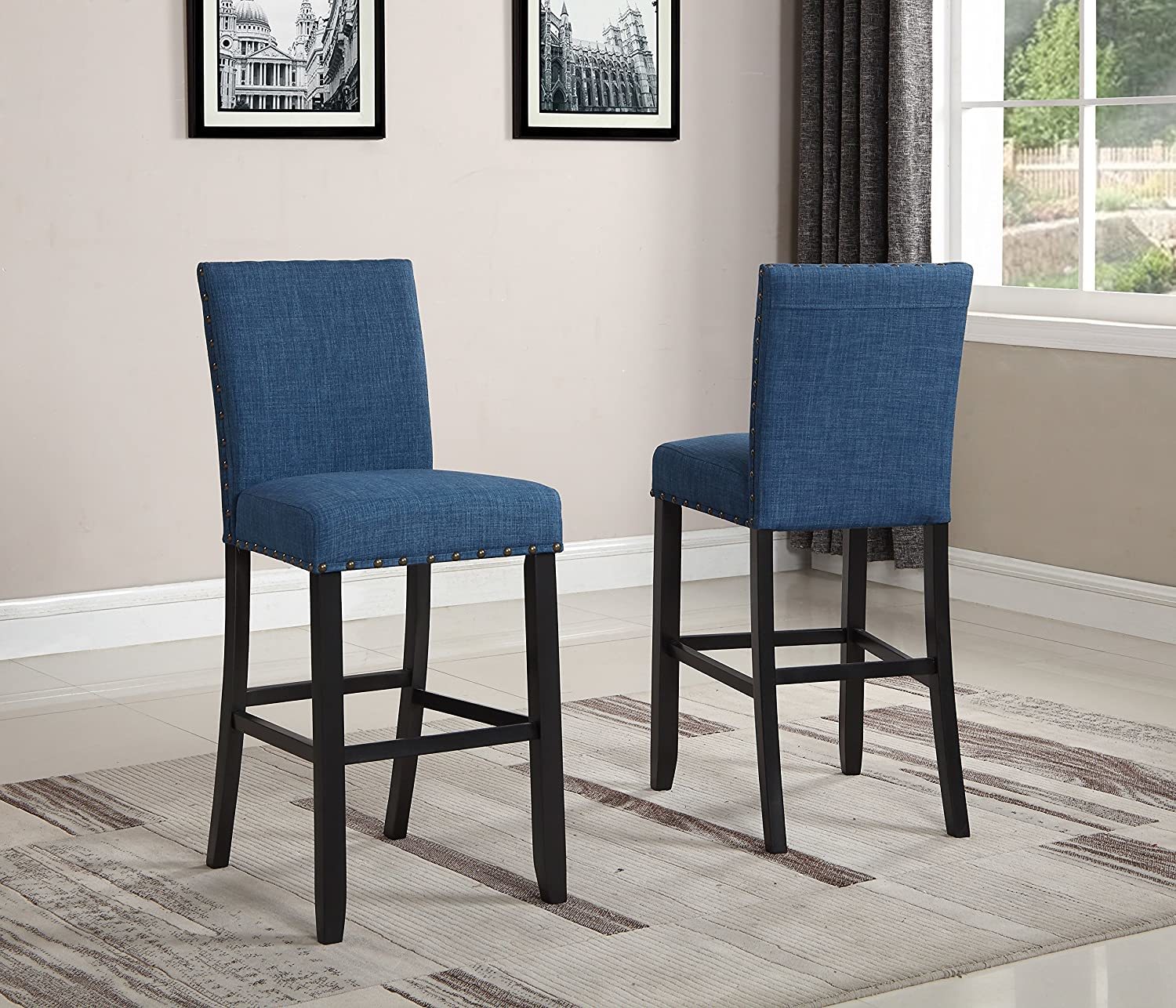 Roundhill Furniture Biony Fabric Bar Stools With Nailhead Trim (Set Of 2), Blue - $195.99