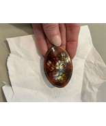 Russian Hand-Painted Lacquered Brooch - Romantic Flower Scene - Signed - $16.73