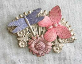 Flowers &amp; Pink Butterfly &amp; Blue Dragonfly Silver-tone Brooch 1960s  vint... - £11.81 GBP