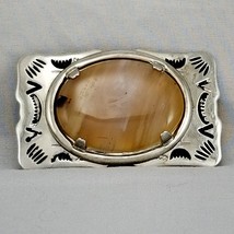 Vintage Belt Buckle Brown Onyx Stone Cabochon Filigree Western Goth Silv... - $30.35
