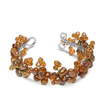 Elegantly Handcrafted Bronze Pearl &amp; Crystal Flowers Cuff Bracelet - £20.03 GBP