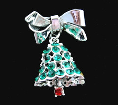 Vintage Christmas Bow Bell Pin Brooch Green Rhinestone Dangle Silvertone - £13.28 GBP