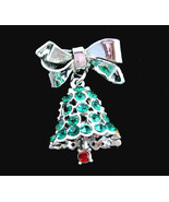 Vintage CHRISTMAS BOW  BELL PIN Brooch GREEN Rhinestone Dangle Silvertone - £13.36 GBP