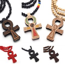 Mens Egyptian Ankh Cross Wood Pedant Punk Hip Hop Necklace Wooden Ball Chain 35&quot; - £7.98 GBP