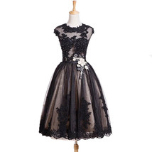 Rosyfancy Sexy Illusion Black Lace Applique A-line Tea Length Prom / Party Dress - £138.41 GBP