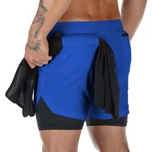 Men Running Shorts 2 In 1 Double-deck Sport Gym Fitness Jogging Pants, Blue - £10.15 GBP