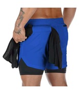 Men Running Shorts 2 In 1 Double-deck Sport Gym Fitness Jogging Pants, Blue - £10.26 GBP