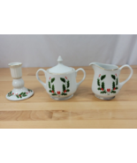 Christmas Holly White Sugar &amp; Creamer and candlestick holder Japan Gold ... - £15.79 GBP