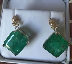 Huge 30+ Carat Natural Zambian Emerald &amp; diamond dangle 14k Gold &amp; SS earrings - £6,322.98 GBP