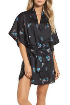 NWT New Designer Natori Short Wrap Robe Womens L Silky Satin Flowers Black Lace  - £133.09 GBP