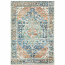 5&#39; X 7&#39; Orange Blue Teal Green And Beige Oriental Power Loom Stain Resistant Are - $297.94