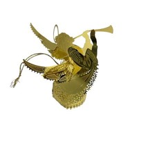 Vintage Brass Gold Tone Metal Angel Plays Trumpet Christmas Ornament Die Cut 3D - $13.09