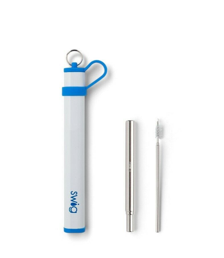 ROYAL BLUE TELESCOPIC STAINLESS STEEL STRAW SET case and cleaning brush New FS! - $7.92