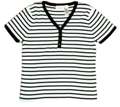 Liz Claiborne Women&#39;s Cotton Sweater White Black Stripes Buttons Petite Medium - £6.19 GBP