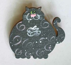 Super Cute Hand-painted Swirly Wood Black &amp; Pink Cat Brooch 1980s vintag... - £9.68 GBP