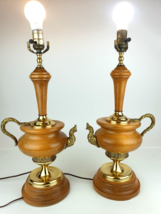 MCM Turned Wood &amp; Ornate Brass Teapot Table Lamp Pair Unique Vintage Kitschy - £116.80 GBP