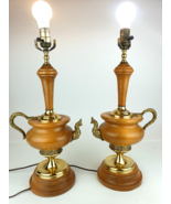 MCM Turned Wood &amp; Ornate Brass Teapot Table Lamp Pair Unique Vintage Kit... - £117.67 GBP