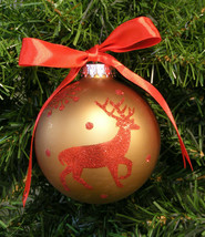 Gold &amp; Red Reindeer &amp; Snowflake Glass Ball Christmas Tree Ornament - £7.89 GBP