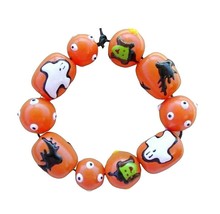 Halloween Beads Hand Painted Glass Witch Ghost Black Bat Dots Orange Beads - $9.49