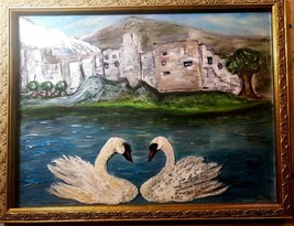 Swans on the lake,stained glass art,mix media art,painting on glass past... - £46.98 GBP