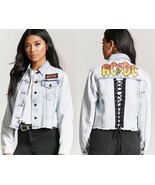 ACDC graphic acid wash denim jean crop jacket womens size LARGE ac/dc blazer top - $49.48