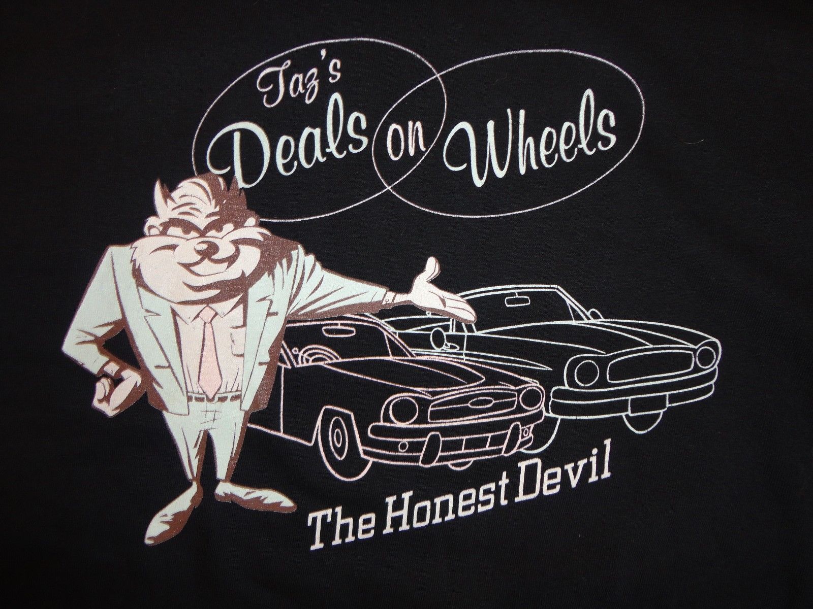 Primary image for Vintage Looney Tunes Taz's Deals on Wheels The Honest Devil Black T Shirt XL 