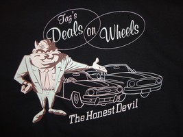 Vintage Looney Tunes Taz&#39;s Deals on Wheels The Honest Devil Black T Shir... - $27.51