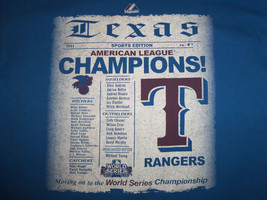 Majestic MLB Texas Rangers Baseball 2011 AL Champs News Print Blue T Shi... - $17.17