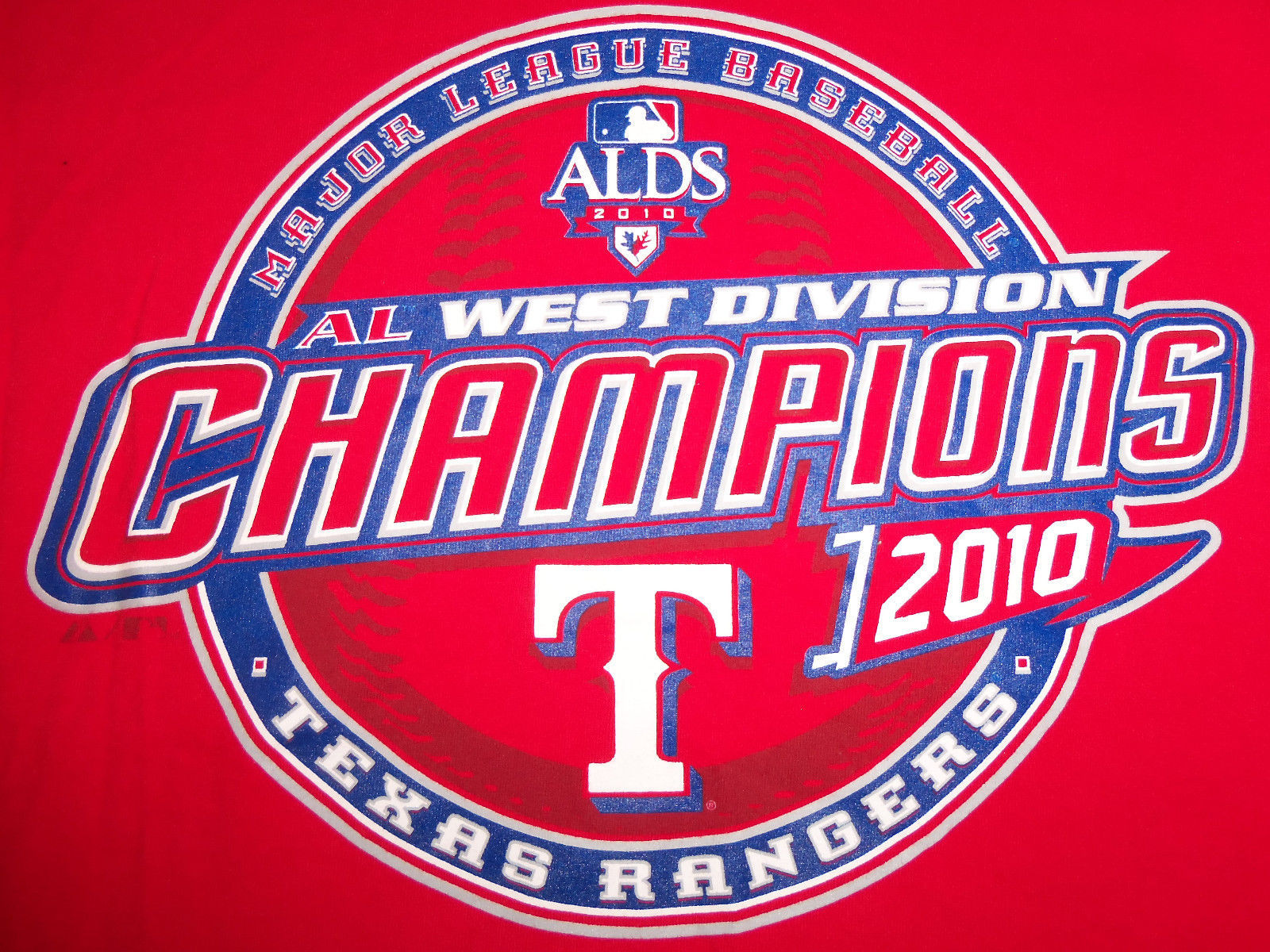 MLB Texas Rangers Baseball 2010 West Division Champs Red Graphic T Shirt - L - £13.50 GBP