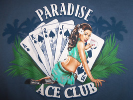 "Paradise Ace Club" Tropical Hula Poker Blue Graphic Print TShirt L - £14.19 GBP