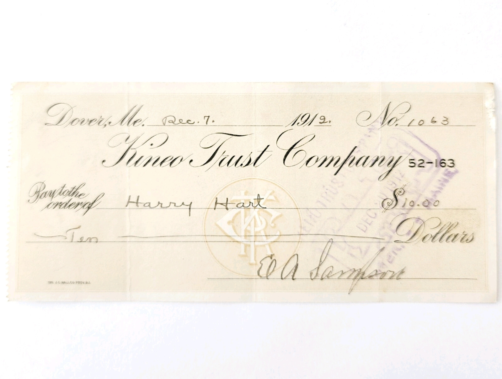 1912 Kineo Trust Company Bank Check E.A. Sampson Dover Maine Signed 1063 CHX4 Item image 2