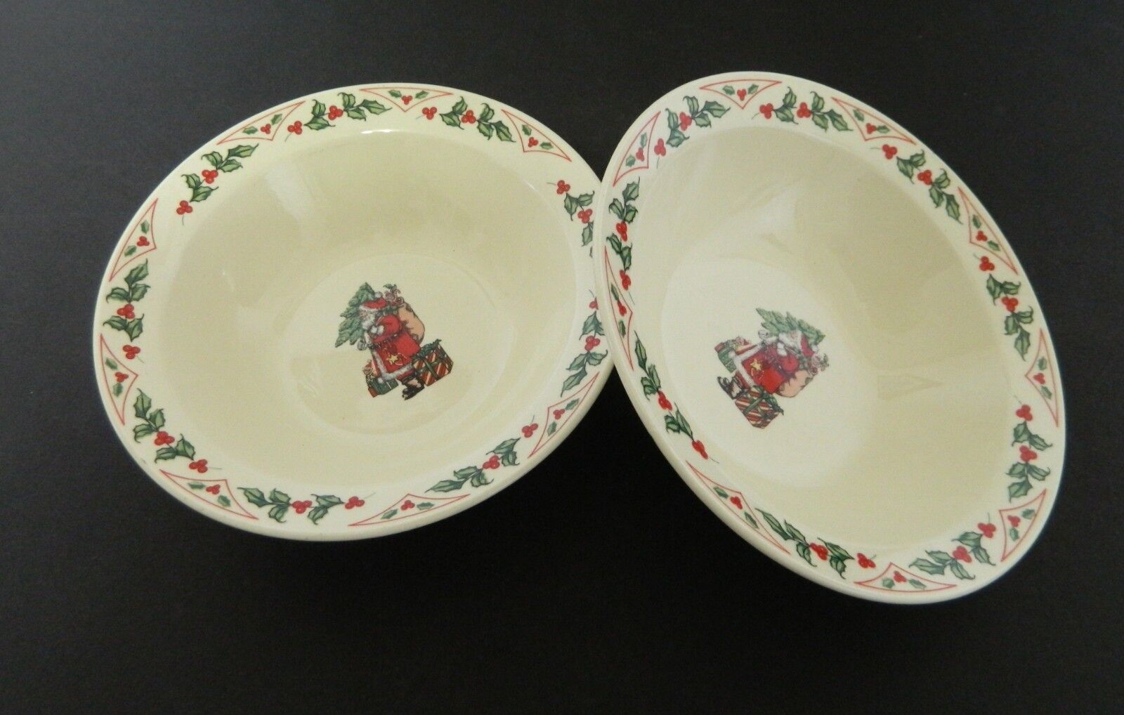 Gibson Christmas Santa & Tree Two Rim Soup Cereal Bowls Edged w/ Holly & Berries - $12.75