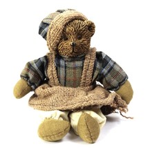 Vintage Teddy Bear Doll Plush wearing Plaid Burlap Overall Dress and Hat - £14.24 GBP