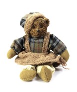 Vintage Teddy Bear Doll Plush wearing Plaid Burlap Overall Dress and Hat - £13.93 GBP