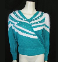 New VINTAGE Teal White Pearl Bead Sweater S Lauren Cole Acrylic Angora R... - £23.26 GBP