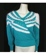 New VINTAGE Teal White Pearl Bead Sweater S Lauren Cole Acrylic Angora R... - £23.62 GBP