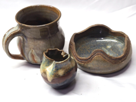 Vintage Pottery - Jug Urn Bowl Dish Stoneware Handmade &amp; Turned - 3 Piece Signed - £11.47 GBP