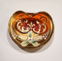 Vintage Murano Gold Glass Trinket Dish Hand Painted Flowers Enamel 24K - £23.72 GBP