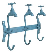Cast Iron Vintage Rustic Blue Farmhouse Sink Faucet Spigot Triple Wall Hooks - £30.01 GBP