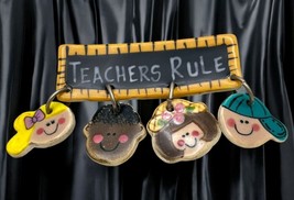 Vintage Teachers Rule Brooch Ruler Pin with Four Dangling Student Faces - $11.89