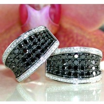 14K Plaqué or Blanc 2Ct Simulé Onyx Noir Serti Huggie Créole Boucles D&#39;Oreilles - £297.59 GBP